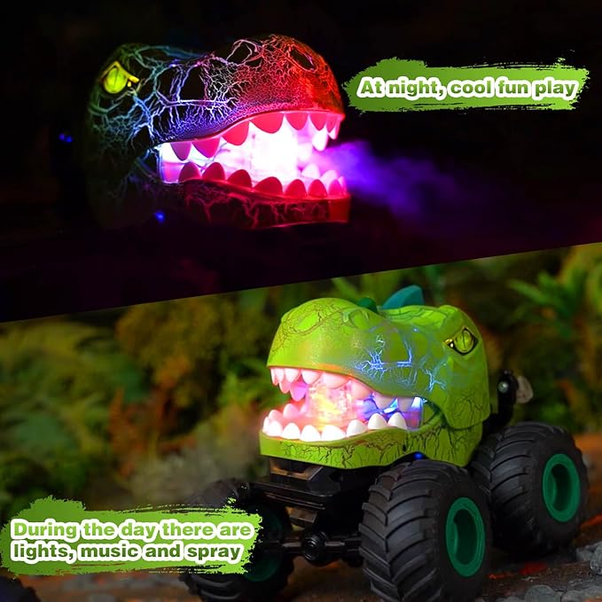 GEVINST Dinosaur Toys for Kids 5-7, RC Dinosaur Truck with Light Spray and Music, Christmas Birthday Gifts Toys for Ages 3 4 5-7 and up, All Terrain Off-Road Remote Control Cars