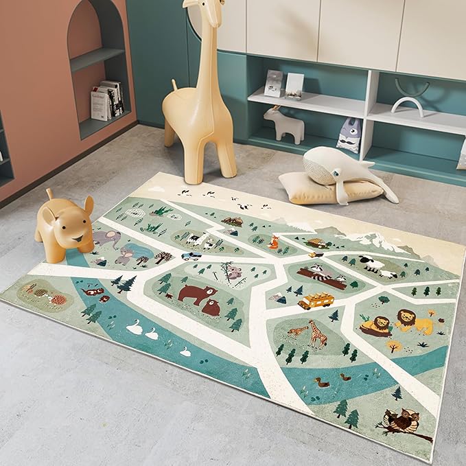 Kids Rug Play Mat 5Ft Zoo Animal Bedroom Carpet Forest Animal Playroom Rug for Boys Girls Adventure Playmat Children Area Rug Nonslip Fluffy Area Rug for Kids Room Nursery Decor 3.3'x5', Green