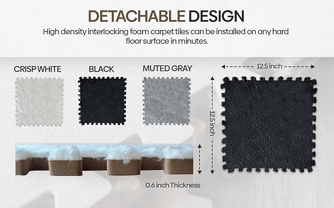 16 Piece Carpet Squares Puzzle Mat 49" x 49" Plush Interlocking Carpet Tiles, Foam Floor Tiles for Baby Play Mat - Kids Soft Play Mats Anti Slip Jigsaw Flooring Playmat Playroom Rug (Black,Gray,White)