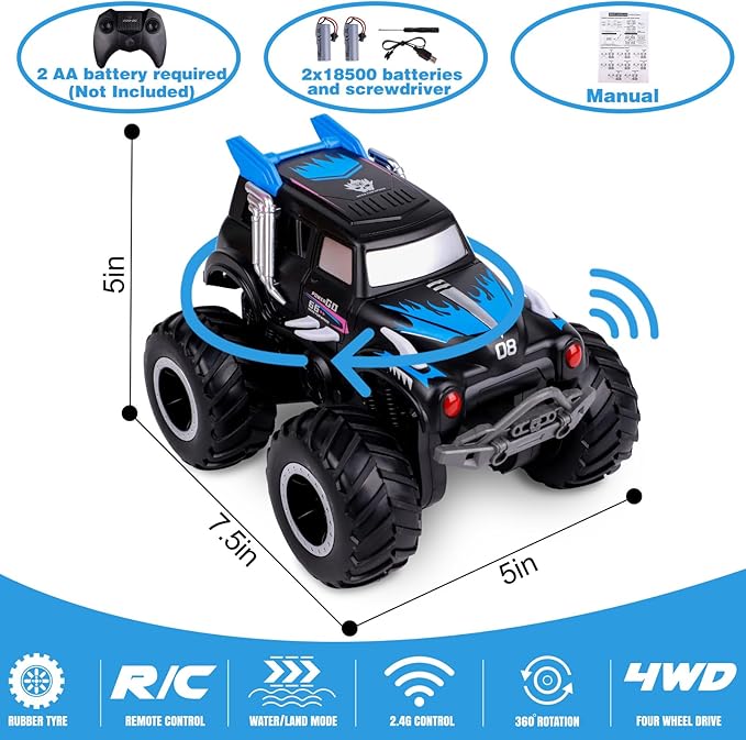 Amphibious Remote Control Cars, 1/20 Stunt RC Rock Crawler Monster Truck Toy with Two Alternative Rechargeable Batteries, All-Terrain 4WD Off-Road Vehicle Toys Gift for Boys Kids Age 8-12 Blue