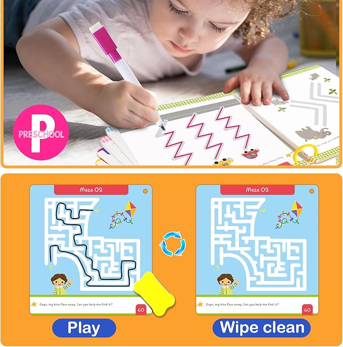 HOQEEWIPE Preschool Learning Activities Workbook - Fun Reusable 60 Pages Tracing Books for Kids Ages 3-5, Numbers, Letters, Fine Motor Skills Educational Learning Toys for Toddlers 2-4 Years Old