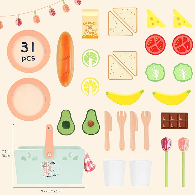 Wooden Toy Picnic Playset, 31 Pcs Wooden Play Food Sets for Kids Pretend Play Cutting Food Toys Toddlers Play Kitchen Accessories Gift for Girls Boys Age 3+