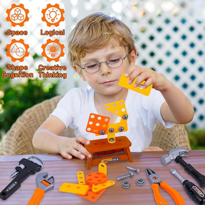Kids Tool Set,MAGIC4U 50PCS Toddler Tool Set with Electronic Toy Drill,Tape Measure 12 Tool Equipements,Pretend Play Construction Coustume with Safety Vest Hat,Toy Tool Box for Kids Boy Girl Age 3-8