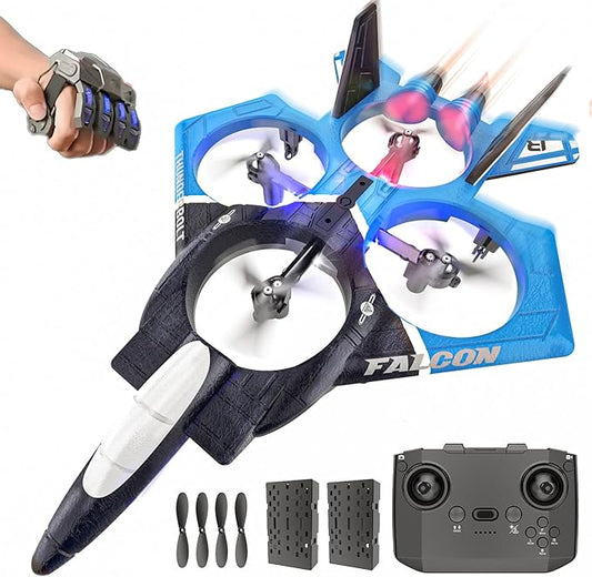 BEZGAR RC Airplane, 2.4GHZ 6-axis Gyro Remote Control Airplane, Gesture Control RC Helicopter, 360° Flip Fighter Jet Toy, Toys for Ages 8-13 with Colorful LED Navigation Lights Blue