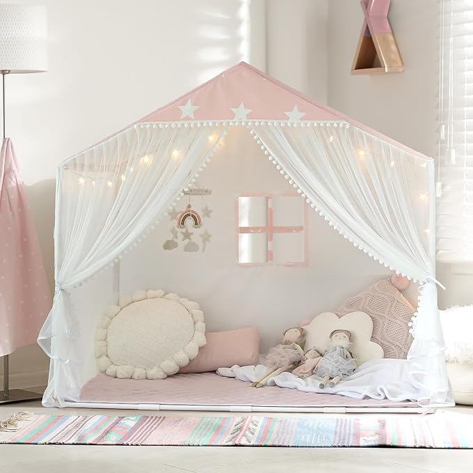Kids Play Tent with Mat, Large Playhouse Tent with Pompoms Door Curtains, Children Play House for Girls Boys, Indoor Play Cottage (Pink)