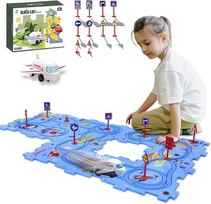 4 Year Old Boy Birthday Gift, Puzzle Racer Kids Car Track Set Puzzle Racer Car Track Set with Roadmap Puzzle Track Car Play Set Toys for 4 Year Old Boys (A-Space, Set1-25pcs)