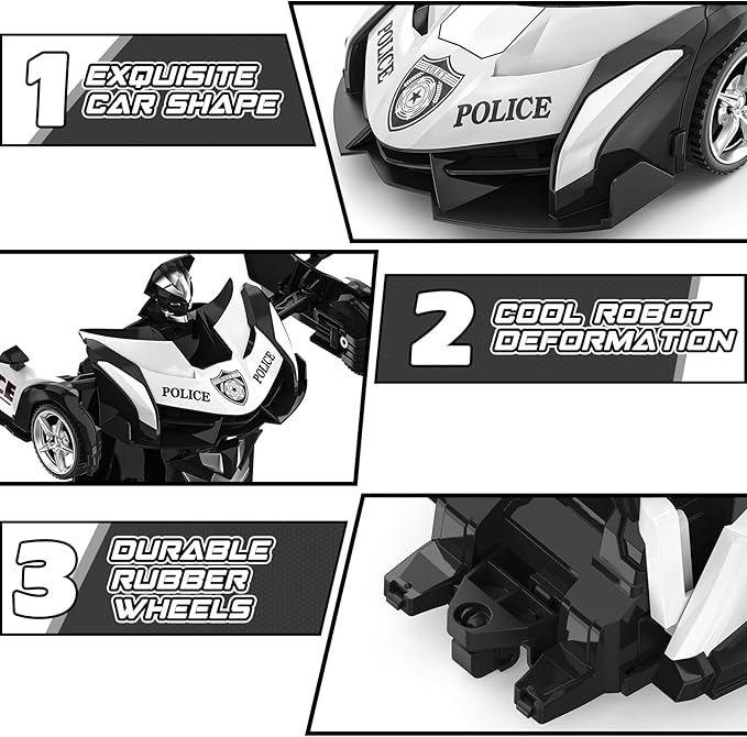 BLUEJAY Transform Rc Cars for Boys 4-7 8-12, 2.4Ghz Remote Control Car 1:18 Scale Transforming Robot, One-Button Deformation 360° Rotation Car Toy Gifts for Boys 3-5 (Police)