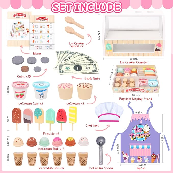 Wooden Ice Cream Toys for Toddlers 3-5 Kids Play Store Pretend Food Kitchen Accessories with Scoop & Menu & Toy Cash, Wooden Ice Cream Counter Shop Playset for 3 4 5 Year Old Birthday