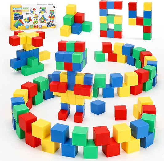 64 PCS Magnetic Blocks for Kids, Learning Magnet Cubes Building Toys for Toddlers, STEM Educational Sensory Montessori Square Toy for Boys and Girls