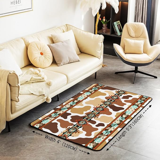 Erosebridal Brown Cow Print Area Rug 4x5, Highland Cowhide Rug, Western Rugs Exotic Aztec Carpet for Bedside, Farmhouse Wild Animals Longhorn Skin Cowboys Non Slip Decorative Rug for Men
