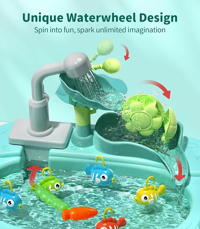 Geyiie Play Sink with Running Water, 14.5''L x 9.4''W x 11.6''H Mini Kitchen Sink Toys for Toddlers, Includes Electric Faucet, Play Food, Fishing Game and Waterwheel - Sensory Toys for Girls and Boys