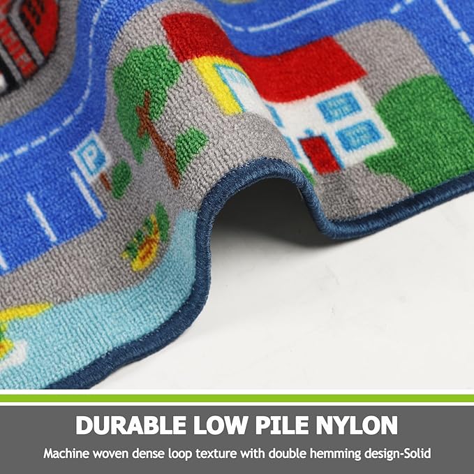 Capslpad Blue Car Road Kid Rug Carpet Playmat for Playoom Traffic Road Kids Play Mat for Toddler Non Slip Washable City Map Race Track Carpet Rug for Kids Room Bedroom Nursery Room Decor,5'x 6'6"