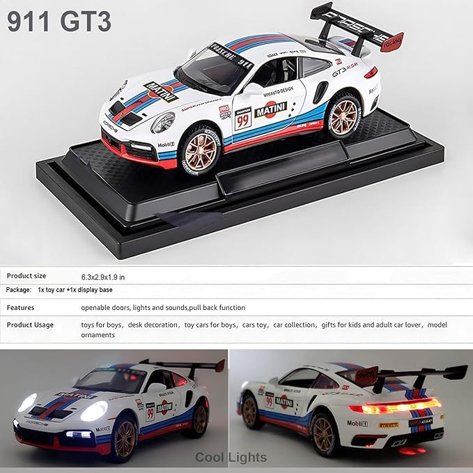 Toy Cars Porsche 911 GT3 RS RSR Turbo S Diecast Model Cars,Pull Back Car with Light and Sound Sports Race Car for Boys Age 4-7 Gifts White Blue