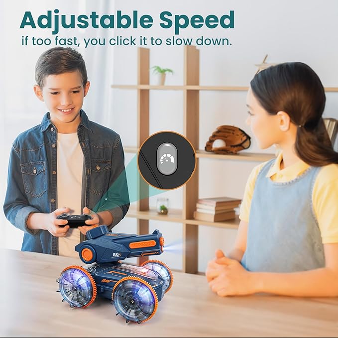 Amphibious Remote Control Car - Stunt Toy for Kids Ages 6-8-12, Water & Land 4WD with Gesture Sensing, Lights, Waterproof, Rotation, Beach & Pool Fun, Idea for Boys