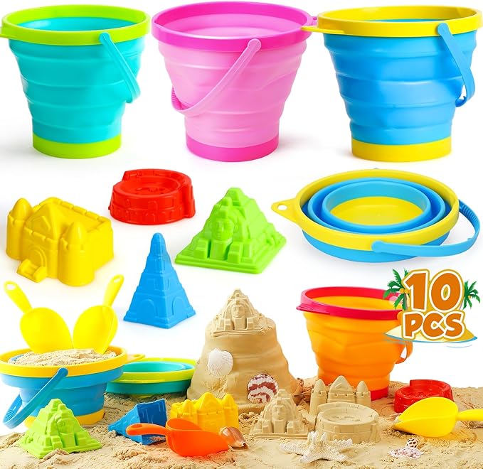 TOY Life Beach Toys for Kids Ages 4-8 Collapsible Sand Toys Toddlers with Silicone Bucket Shovels & Sand Castle Building Kit Molds, Sandbox Toy Travel, Beach Party, Fishing, Summer Activities