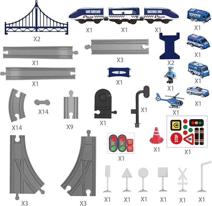 Wdmiya Train Set for Toddlers, 73 Pcs Train Toys for Kids Ages 3-8, Electric Trains Sets with Tracks (Magnetic Connection), Christmas Birthday Gifts for 3 4 5 6 7 Years Old (73pcs, Police)