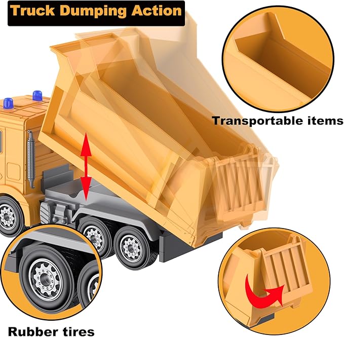 Remote Control Construction Vehicle Toy, 6 Channel RC Dump Truck with 2 Rechargeable Batteries, 1/24 Scale, Birthday Gift Idea for Boys 3-8 Years