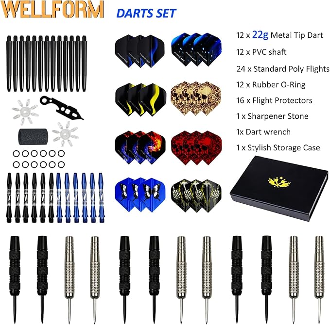Darts Metal Tip Set，12 Pack 22 Gram with Nonslip Iron Barrel, Darts Steel Tip Set Professional,with 12 Aluminum Dart Shafts, 24 Extra Flights, Dart Sharpener, Dart Wrench, Stylish Gift Box