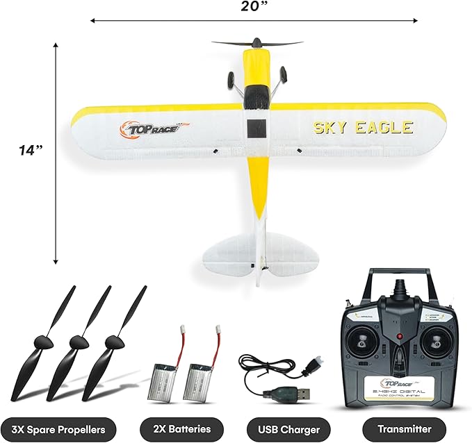 Top Race RC Plane - Remote Control Airplane for Adults and Kids - 4 Channel Stunt Flying, 20" Wing Span, 6-Axis Gyro Stabilizer - Ready to Fly with 3 Spare Propellers - Beginner-Friendly EPP Foam