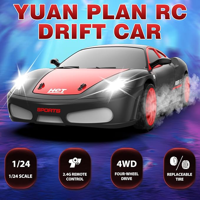 RC Drift Cars, Remote Control Car 2.4Ghz 1:24 Scale 4WD RC Sport Racing Cars Rechargeable High Speed Drifting Car for Boys Girls Vehicle Racing Hobby with Led Light (Black)