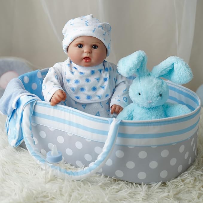 JIZHI 8 Pcs Reborn Baby Doll Clothes Set with Bassinet for 17-22 Inch Babydolls, Realistic Baby Boy Dolls Clothes fit Lifelike Reborn Baby Doll Accessories, Blue (Not Doll)