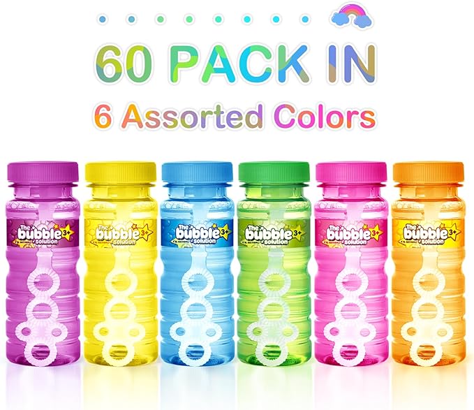 Springflower 60 Pcs Bubble Bottles with Wand,Bubbles Party Favors for Kids,Summer Toys, Blow Bubbles Solution Novelty Toy, Party Favors, Birthday Party Supplies, Outdoor & Indoor Activity,4oz,6 Colors