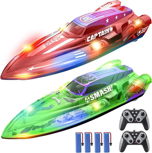 DEERC 2 Pack 13 inch Remote Control Boat for Kids, 4 Batteries, 2.4Ghz RC Racing Boat with LED Lights for Pools and Lakes, Summer Water Toy Gift for Boys 8-12