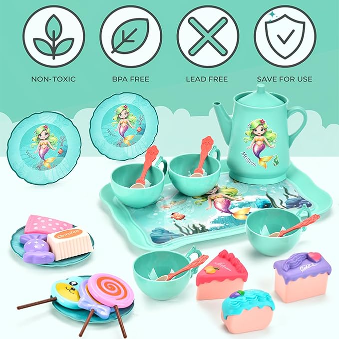 Mermaid Tea Set for Toddlers, Kids Pretend Play Tea Party Set – Plastic Kitchen Toy Teapot Set with Cups, Plates, Carrying Case, Princess Role Play Toys Birthday Gift for Girls Age 3 4 5 6