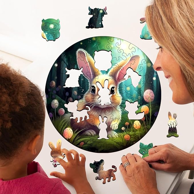 WOODBESTS 50 Piece Large Pieces Wooden Puzzles for Kids Ages 4-6, Rabbit Wooden Kids Puzzles (11.4"x11.4") Wooden Jigsaw Puzzles Unique Shape, Birthday Easter Gifts for Kids Family Game