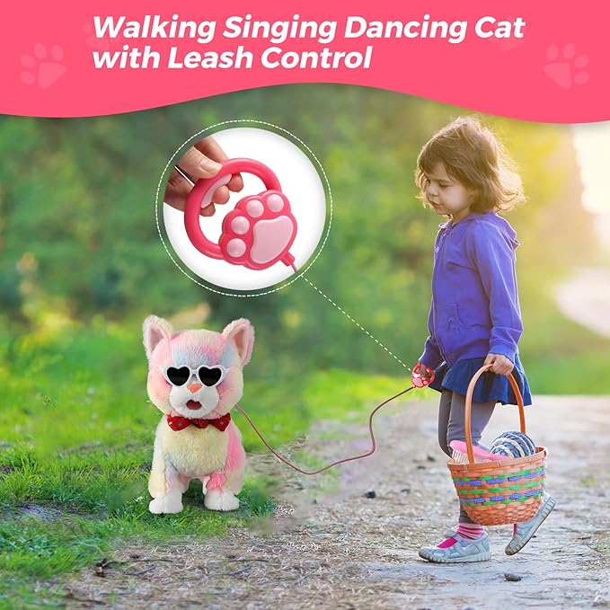 Colorful Leash Walking Cat Set Toy Interactive Talking Cat Singing Dancing Kitten Mimicking Repeat What You Say Kitty Touch and Voice Control Nodding Wagging Tail Plush Electric Robot for Kid Girl
