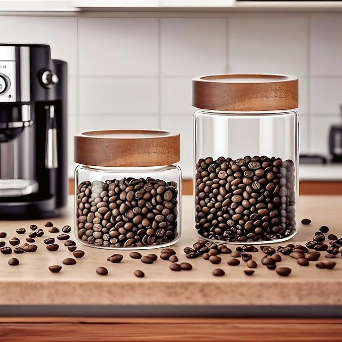 28 Fl oz/850 ml Glass Food Storage Jar, Premium Clear Glass Container Jar with Airtight Wooden Screw Lid, Kitchen Canisters for Coffee,Tea,Pasta,Cookies, Nuts,Spice,Candy,Overnight Oatmeal（Medium）