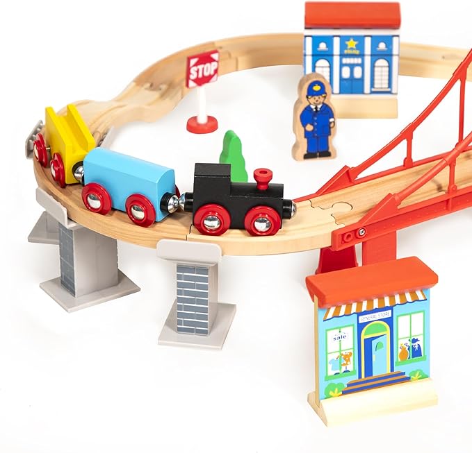 inc. Giant 60 pc Wooden Train Set - Complete Toy Railway w/Tracks, Engine, Cars, Bridges, Stations, People, Signs. Genuine Hardwood, Compatible with All Major Brand Accessories