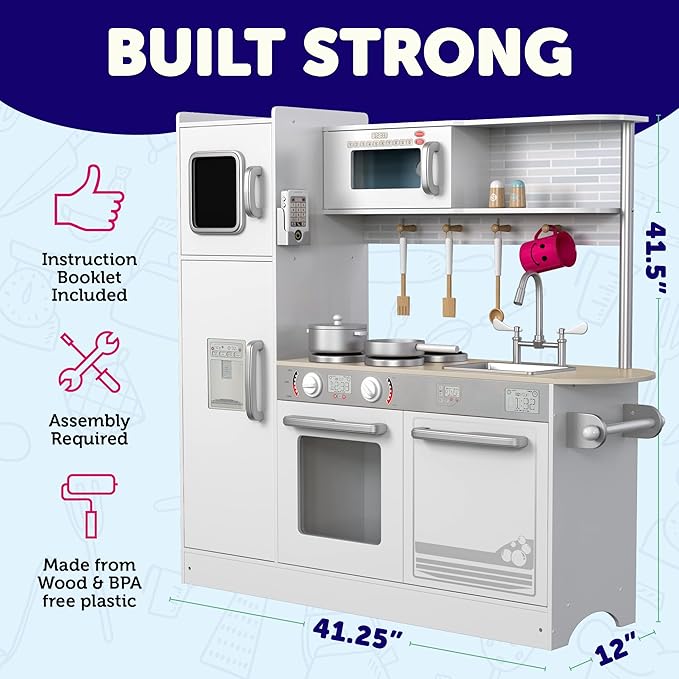 Play Kitchen - Wooden Kitchen Playset for Toddlers and Big Kids - Large Pretend Toy playset for Boys and Girls with Cooking Stove, Oven, Pots, Pans, Phone, Microwave, Fridge, Sink, Utensils - Ages 3-8
