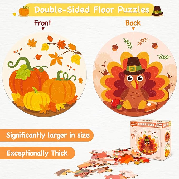 CiyvoLyeen Fall Thanksgiving Double Sided Floor Puzzle 22" Jigsaw Puzzles 70 Pieces Gifts for Kids Ages 3 and up Pumpkin and Turkey Puzzle