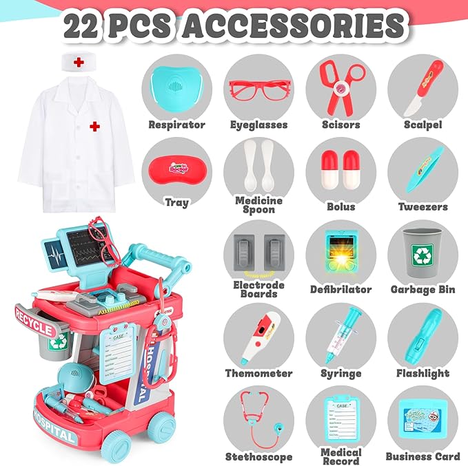 deAO Doctor Kit for Kids Ages 3+, Pretend Doctor Play Set with Doctor Cart, Costume and Stethoscope, Toddlers Doctor Role Playset Medical Kit for Girls Boys (Pink)