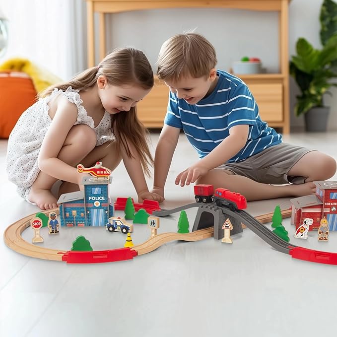 Wooden Train Set for Toddler - 60 Pcs- with Wooden Tracks fits Thomas, fits Brio, fits Chuggington, fits Melissa and Doug - Expandable, Changeable-Train Toy for 3 4 5 Years Old Girls & Boys