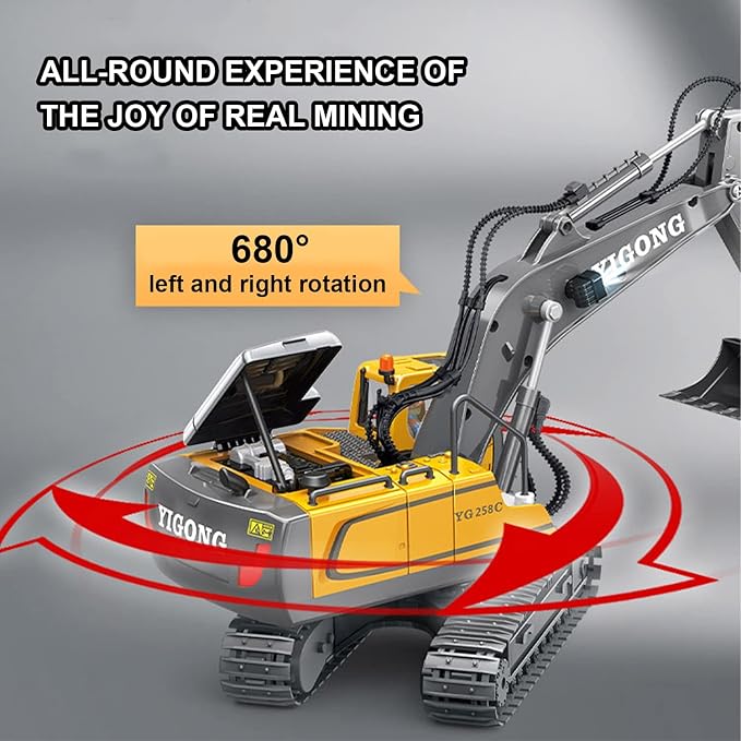 Remote Control Excavator 11 Channel RC Excavator Truck Toys 1/20 Scale 2.4Ghz Construction Vehicles with Metal Shovel 680° Rotation for Kids Boys Age 4-7 8 9 10 Year Old (Yellow)