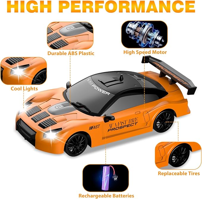 Remote Control Car, Drift RC Car 1/24 2.4GHz 4WD High Speed RC Vehicle Cars Toys with LED Light and Drift Tires USB Charging for Boys and Girls Teens and Adults (Orange)