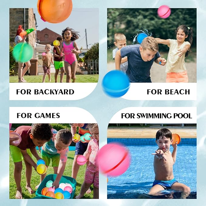 Reusable Water Balloons Water Bombs Splash Ball Quick Fill Self-Sealing Silicone Refillable Water Balls Outdoor Activities Summer Toy Pool Beach Water Games Toys for Kids ages 4-12 (12 Pcs)