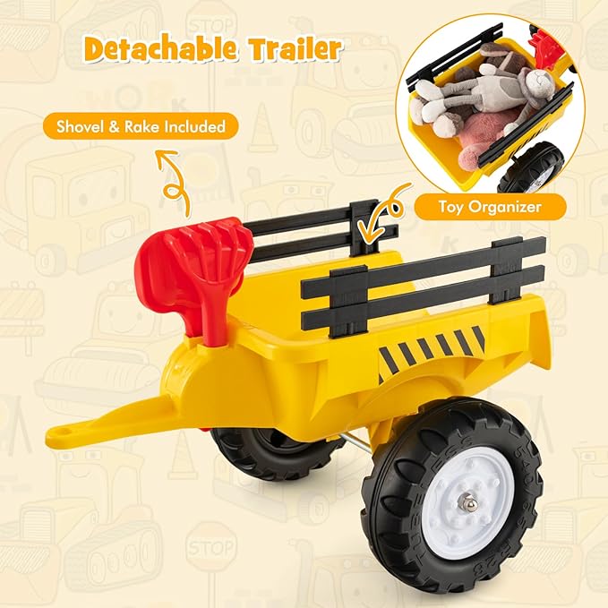 Olakids Kids Ride on Excavator, Pedal Digger Car Bulldozer with Manual Control Bucket, Detachable Cargo Trailer, Shovel, Rake, 6 Wheels, Horn, Construction Tractor for Toddlers 3+