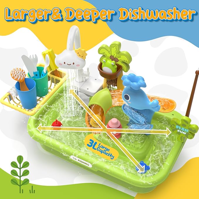 Play Sink with Running Water, 4-in-1 Kids Kitchen Sink Toys with Electric Faucet, Water Table Floating Pool Toy w/Fishing Game, Duck Slide, Pretend Play Dishwasher Set for Toddler Boys Girls (Green)