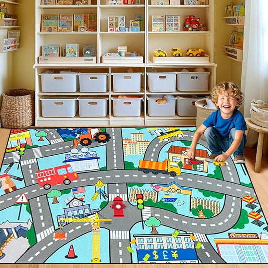 Car Track Rug - Car Rugs for Kids Toy Cars City Life Car Road Rug Large Kids Play Mat Car Carpet for Boys Girls Playroom Living Room Bedroom Classroom, 5'×7'