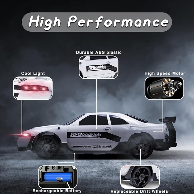 RC Drift Car, 1/24 Remote Control Car 4WD RC Cars for Kids, 2.4GHz Hobby Racing Car Toys White Drifting RC Car with LED Light Rechargeable Battery and Drift Tires Toy Cars for Boys