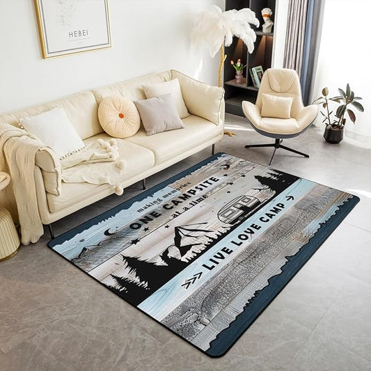 Erosebridal Happy Camping Area Rug 5x7 RV Campsite Rug for Boys Men Retro Wooden Board Rustic Mountain Carpet Blue Black Woodland Adventure Bedroom Non Slip Decorative Rug
