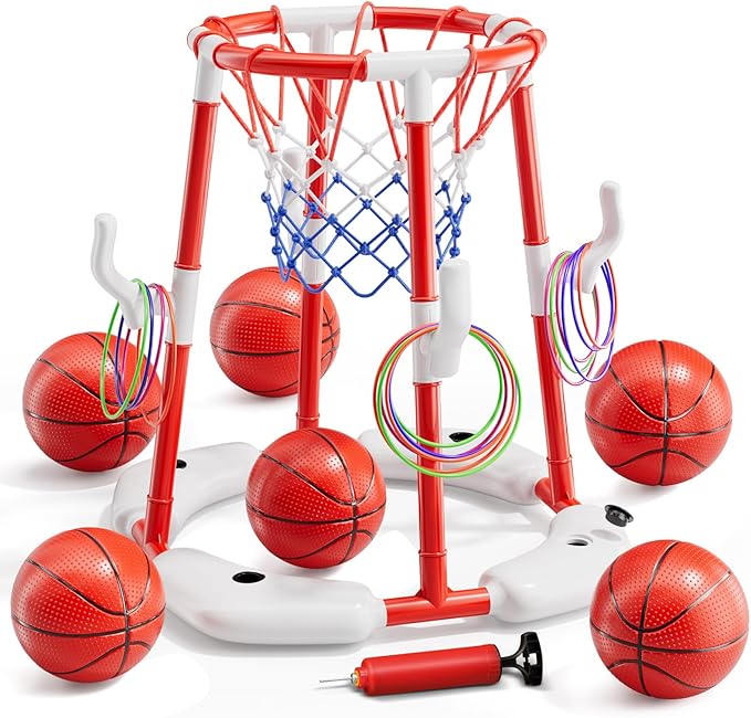 Pool Basketball Hoop, Floating Game with 6 Balls & Pump, Kids Pool Toys for Outdoor Summer Fun, Adjustable Height for Ages 4-8-12, Family Swimming Pool Accessory（red）