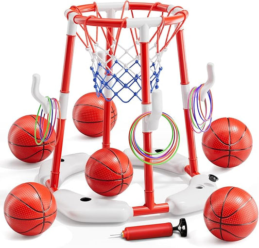 Pool Basketball Hoop, Floating Game with 6 Balls & Pump, Kids Pool Toys for Outdoor Summer Fun, Adjustable Height for Ages 4-8-12, Family Swimming Pool Accessory（red）