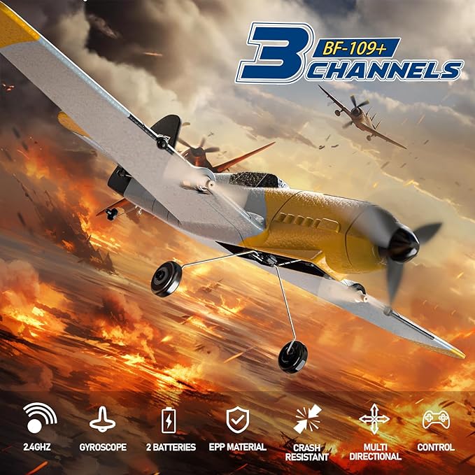 RC Plane, 3 Channel Remote Control Airplane, 6-axis Gyro Stabilizer BF-109 RTF RC Airplane with 2 Batteries, Easy to Fly for Beginners Adults and Kids