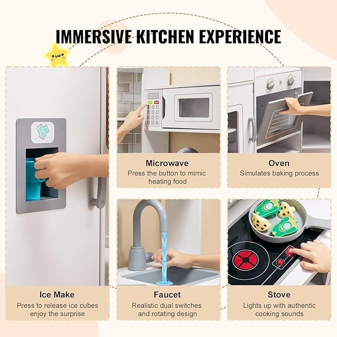 VEVOR Interactive Wooden Toy Play Kitchen Playset for Kids with Lights and Sounds, Corner Design with Ice Maker, Oven, Sink, Clock, Microwaves, Refrigerator and Accessories, for Girls & Boys, White