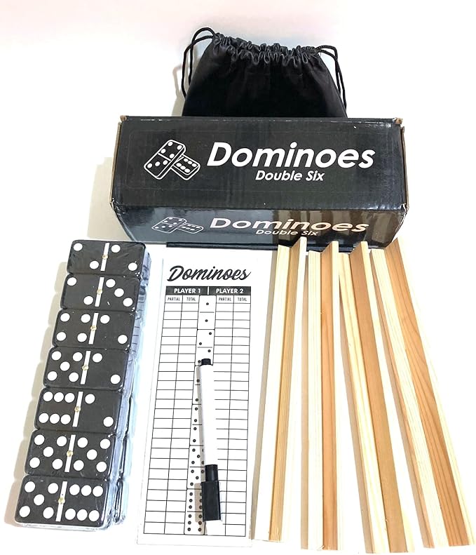Double Six Dominoes Large Size Full Set Comes with Score pad & Pen 4 pcs Wooden Domino Racks and Black Dominos Bag Adults Kids Seniors Black Color (01)