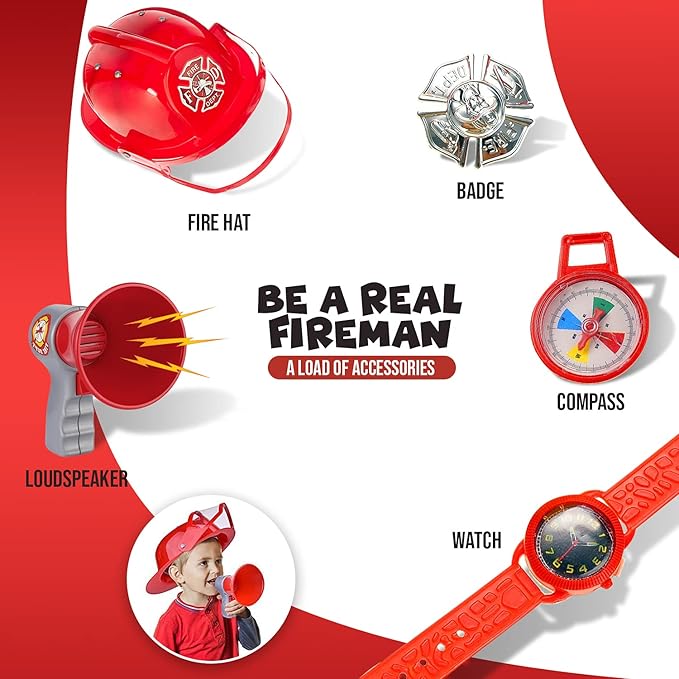Liberty Imports 10 PCs Fireman Gear Firefighter Costume Role Play Career Dress Up Starter Toy Accessories Pretend Play Set with Helmet, Tools for Kids, Toddlers